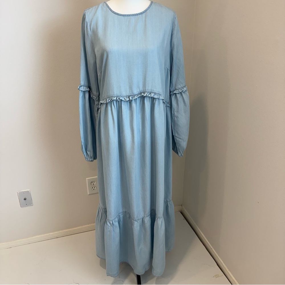 ASOS Light Blue Midi Dress with Long Puff Sleeves Size 12 - Picture 2 of 9